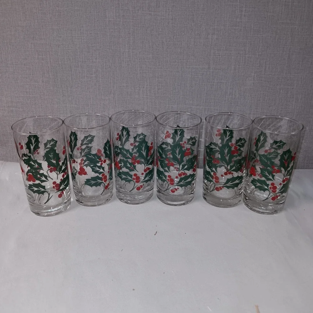 Vintage Holly Berry Glasses Bartlett Collins  Christmas Set of 6 80s 90s Holiday